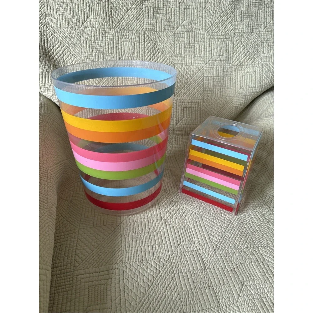 Clear Acrylic Rainbow Stripe Wastebasket Tissue Box Cover Bathroom Set